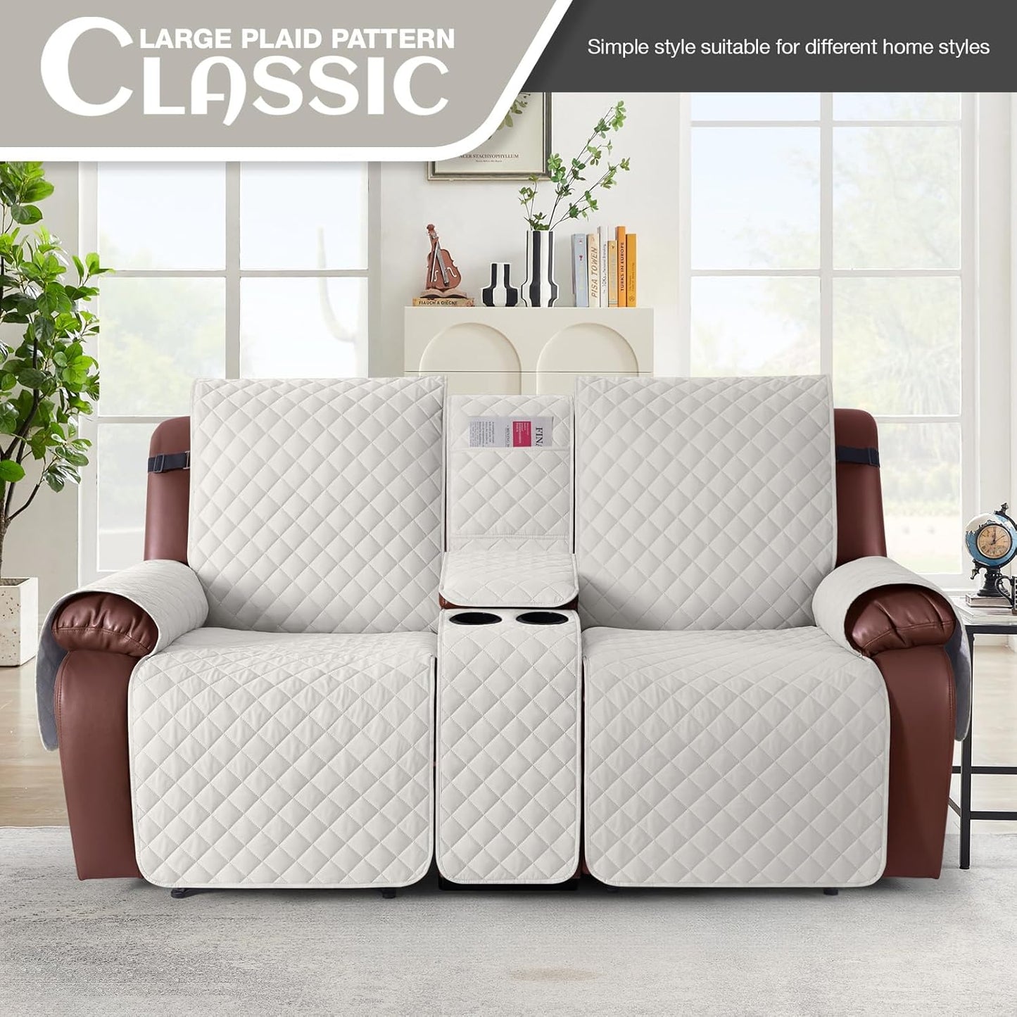 100%Waterproof  with Console, Non-Slip Reclining Couch Covers for 2 Seat, Recliner Sofa Cover Furniture Protector with Elastic Straps for Kids, Pets,Ivory