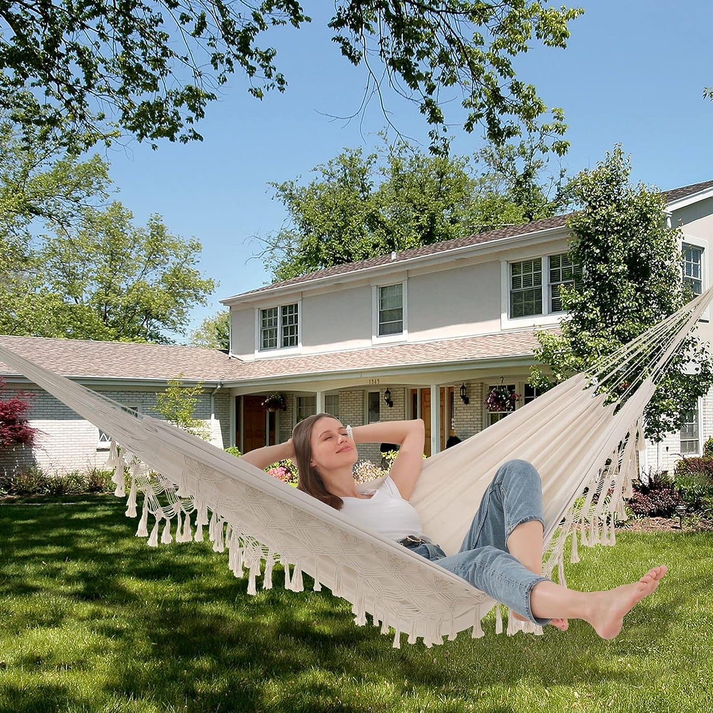 Hammock Hanging Swing Double Max 500lbs Macrame for Indoor Outdoor Patio Yard Garden (Beige)