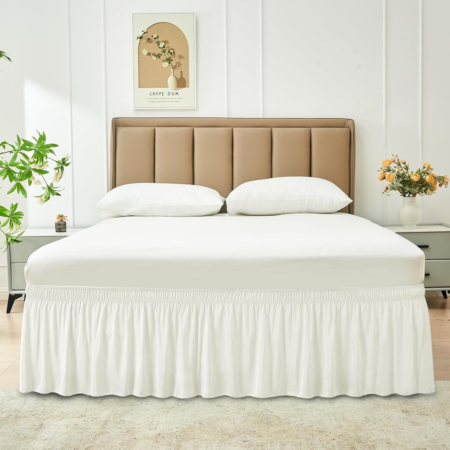 Wrap Around Bed Skirts  15" Drop, Aqua Adjustable Elastic Dust Ruffles Easy Fit Wrinkle & Fade Resistant  Machine Washable ,Beige