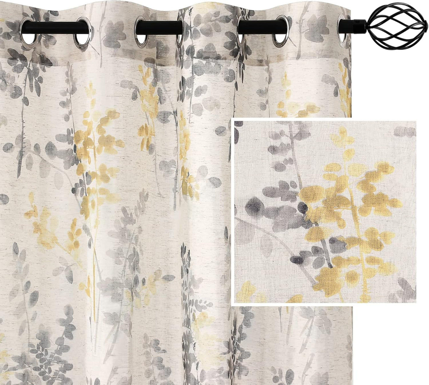 Sheer Linen Curtains Semi Sheer Curtains Draperies for Living Room/Bedroom Vintage Classical Floral Printing Window Treatment Grommet 2 Panels,Yellow/Taupe