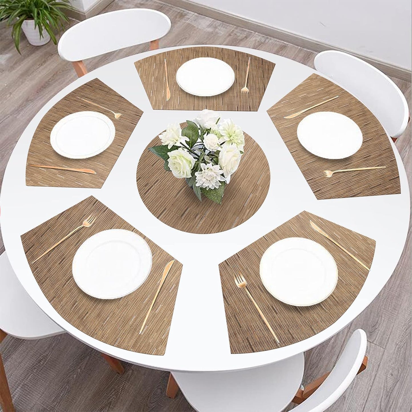 Round Table Placemats Set Wedge Shaped Place Mat with Centerpiece Round Mat Heat Resistant Table Mats Washable, Tan