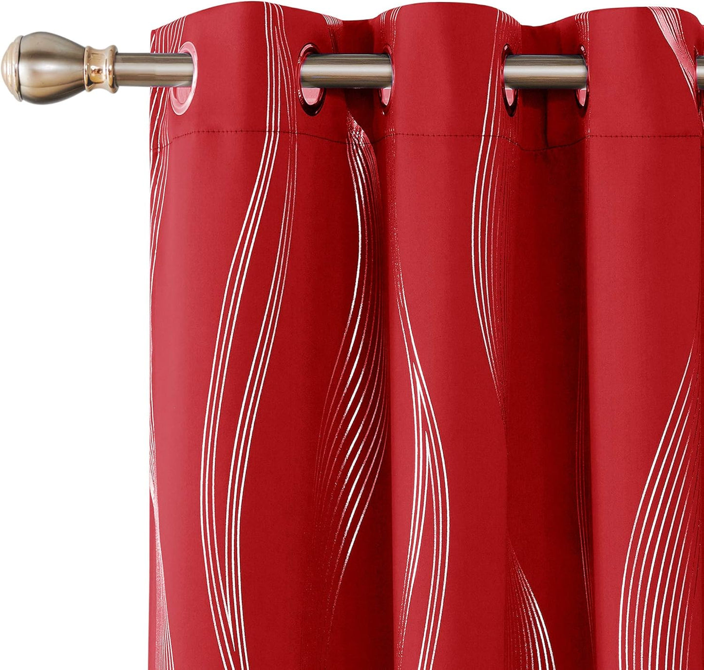 Silver Wave Print Blackout Curtains - Thermal Insulated & Noise‑Reducing Grommet Drapes for Bedroom & Living Room,  2 Panels ,Red