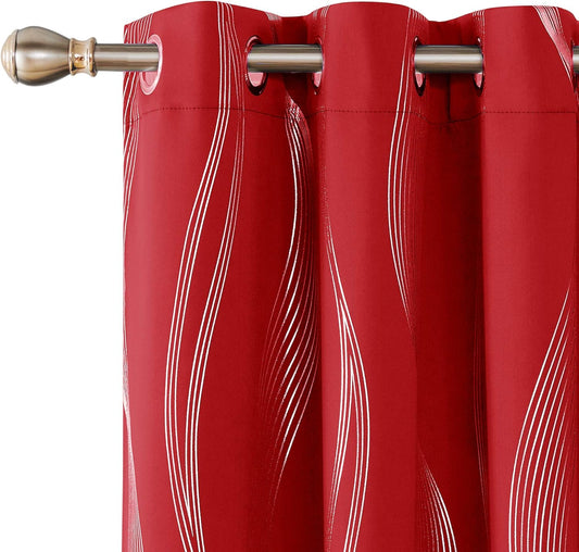 Silver Wave Print Blackout Curtains - Thermal Insulated & Noise‑Reducing Grommet Drapes for Bedroom & Living Room, 2 Panels ,Red