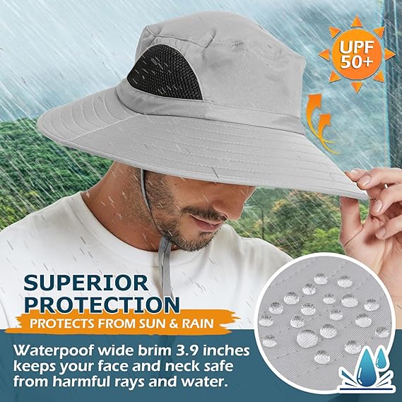 Unisex Sun Hat, Waterproof Wide Brim Bucket Hat Packable Boonie Hat for Fishing Hiking Gardening Safari Beach,Light Grey