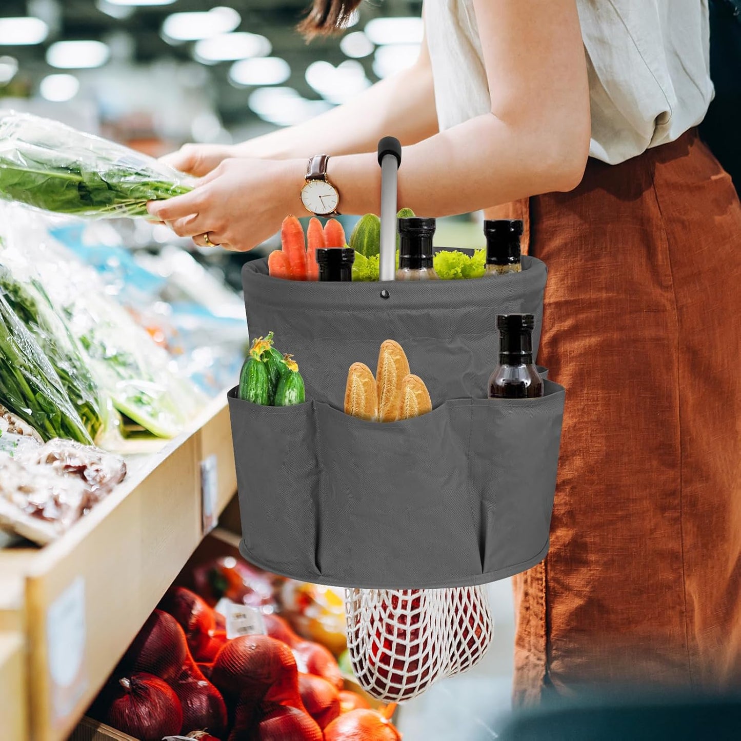 Collapsible Basket with Handles: Portable Picnic, Beach, Garden Harvest,Market Shopping Basket, Home Storage, Bathroom Organizer,Grey
