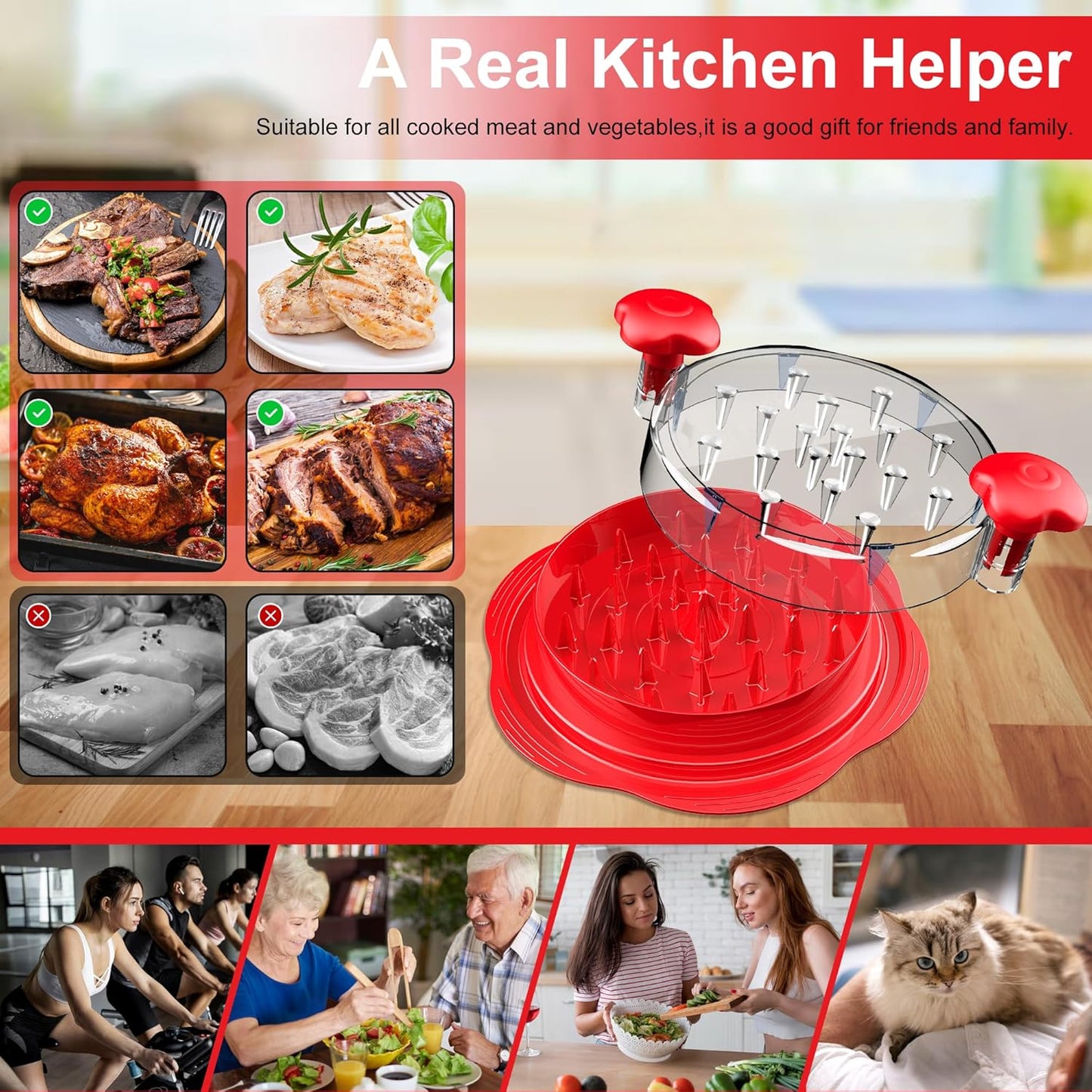 Chicken Shredder with Brush, Visible Meat Shredder Machine, Anti-Slip Strip, Ergonomic Handle, BPA Free, Suitable for Pork Beef Chicken,Red