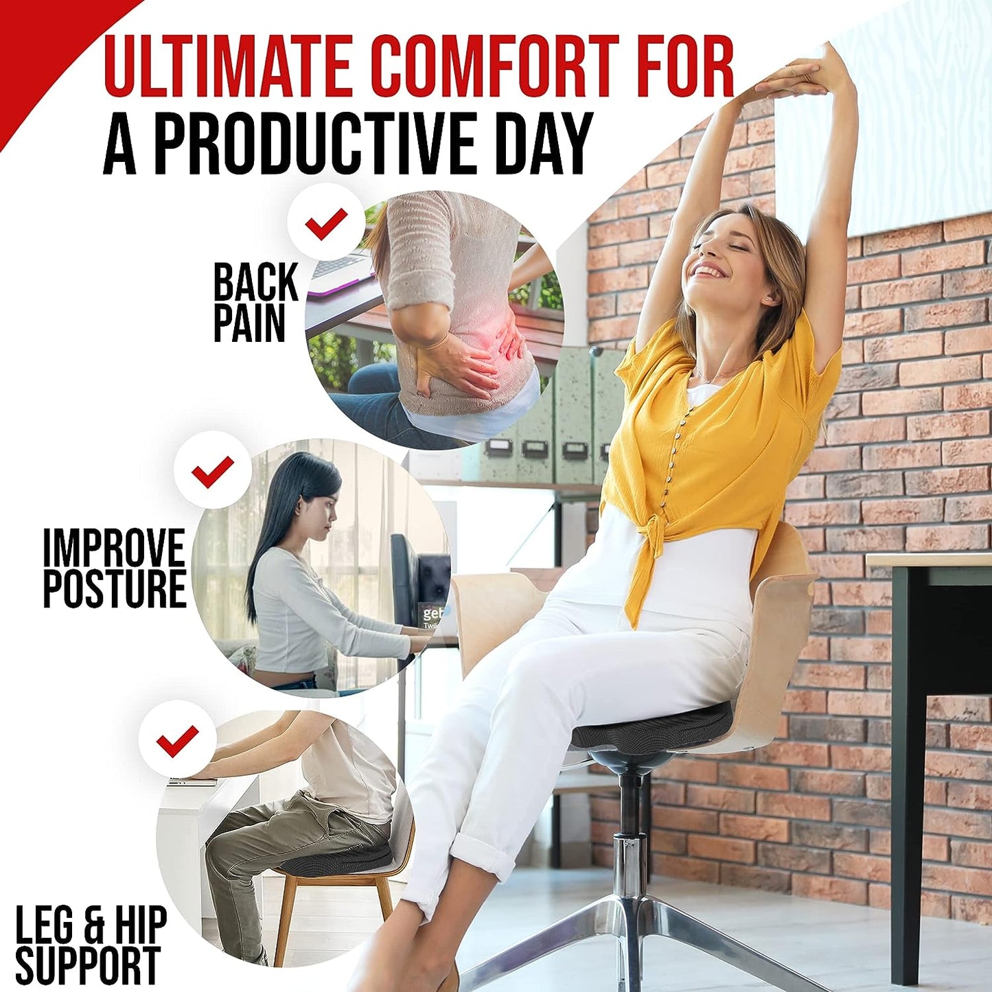 Seat Cushion for Office Chair, Lumbar Support Pillow for Chair, Car Seat Cushion,Washable Coat,Back Support Memory Foam Pillow ,Black Mesh
