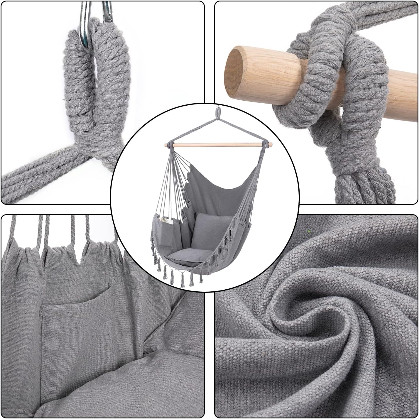 Hammock Chair Hanging Rope Swing, Large Hanging Chair with Pocket and tassels,Cushions for Superior Comfort, with Hardware Kit (Grey)