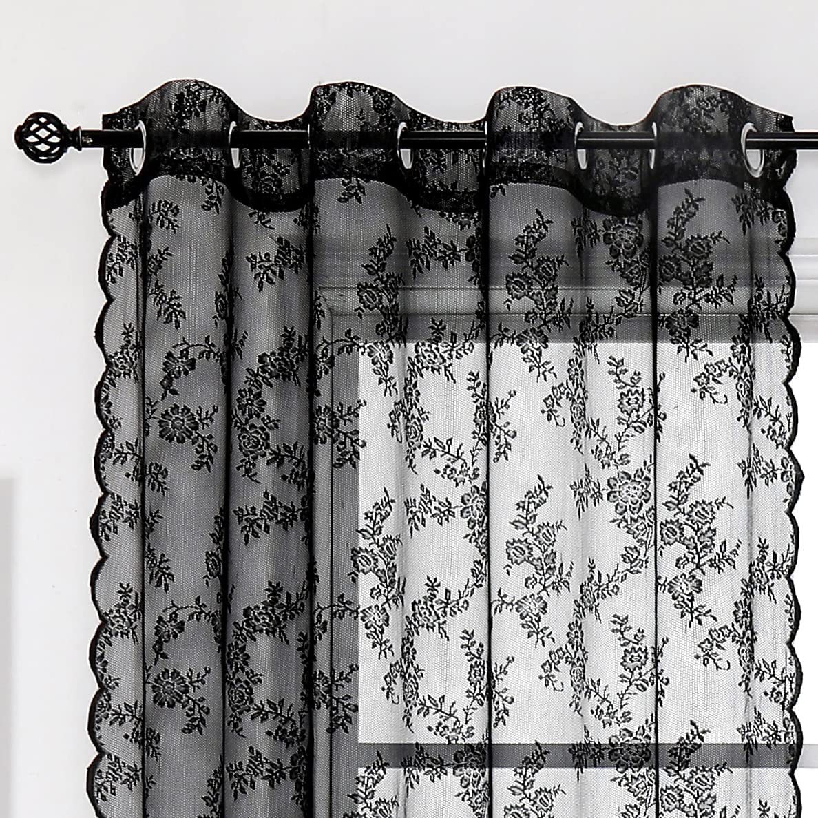 Black Lace Sheer Curtains for Bedroom Farmhouse French Floral Rose Lace Curtain Panels Durable Flower Embeoidered Window Treatment Drapes for Living Room Christmas Holiday, Set of 2