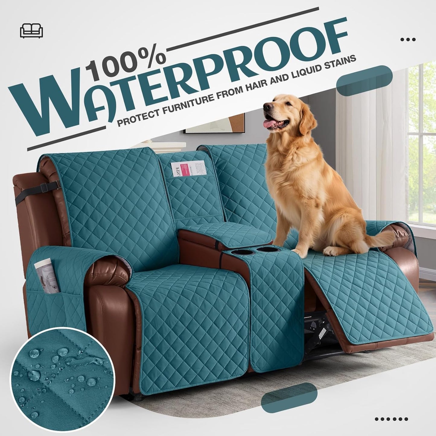 100%Waterproof  with Console, Non-Slip Reclining Couch Covers for 2 Seat, Recliner Sofa Cover Furniture Protector with Elastic Straps for Kids, Pets,Deepteal
