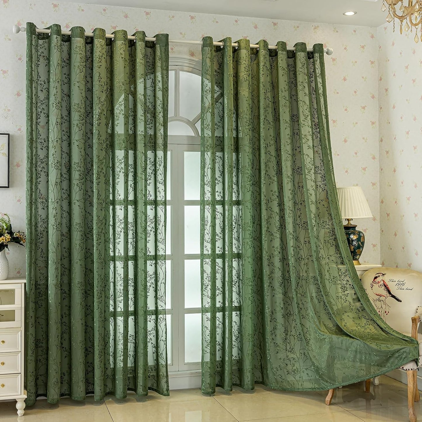 Green Lace Sheer Curtains, Farmhouse Leaf Jacquard Grommet Window Curtain for Living Room/Bedroom, Voile Sheer Panel Drapes