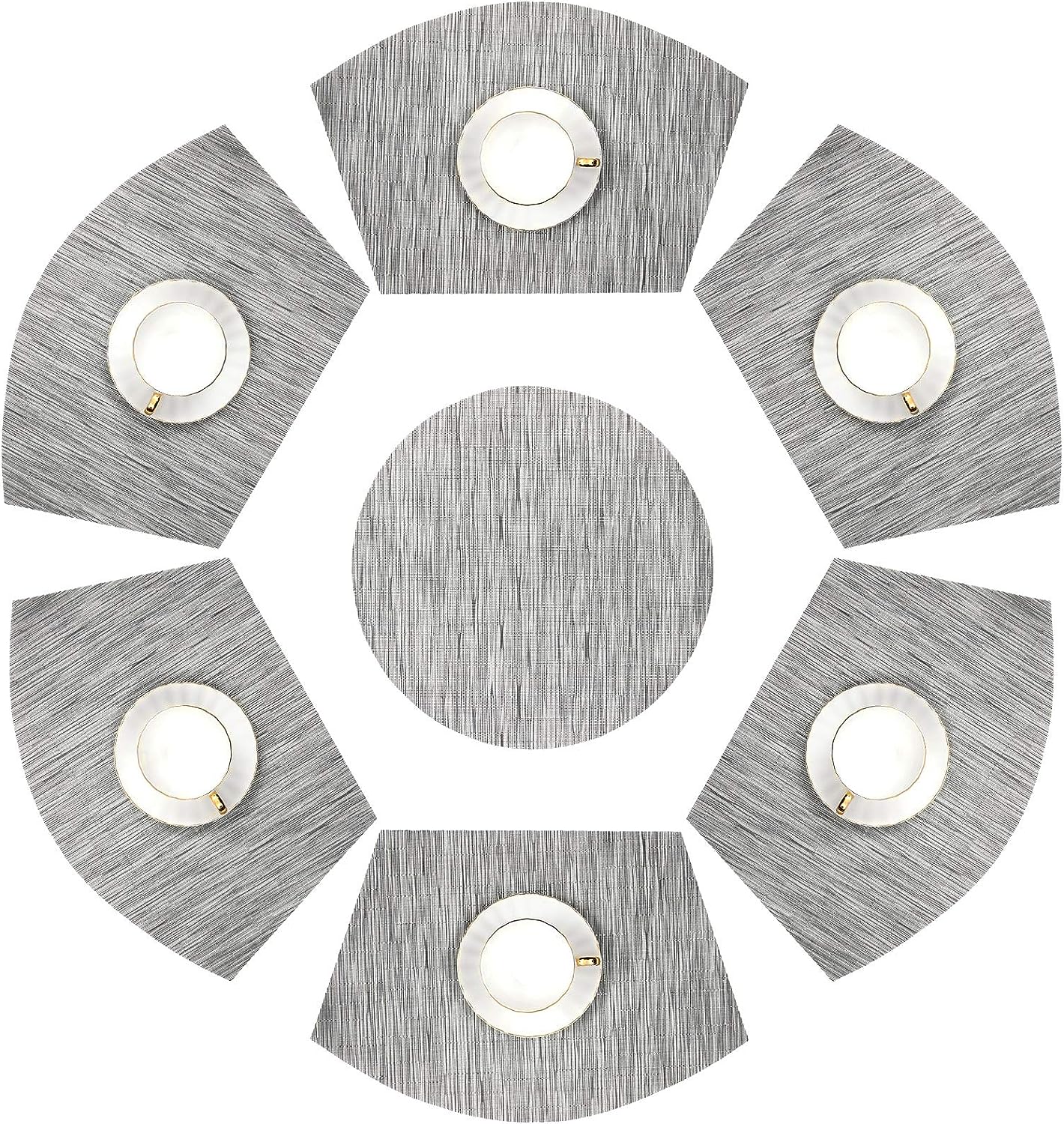 Round Table Placemats Set Wedge Shaped Place Mat with Centerpiece Round Mat Heat Resistant Table Mats Washable, Silver Grey