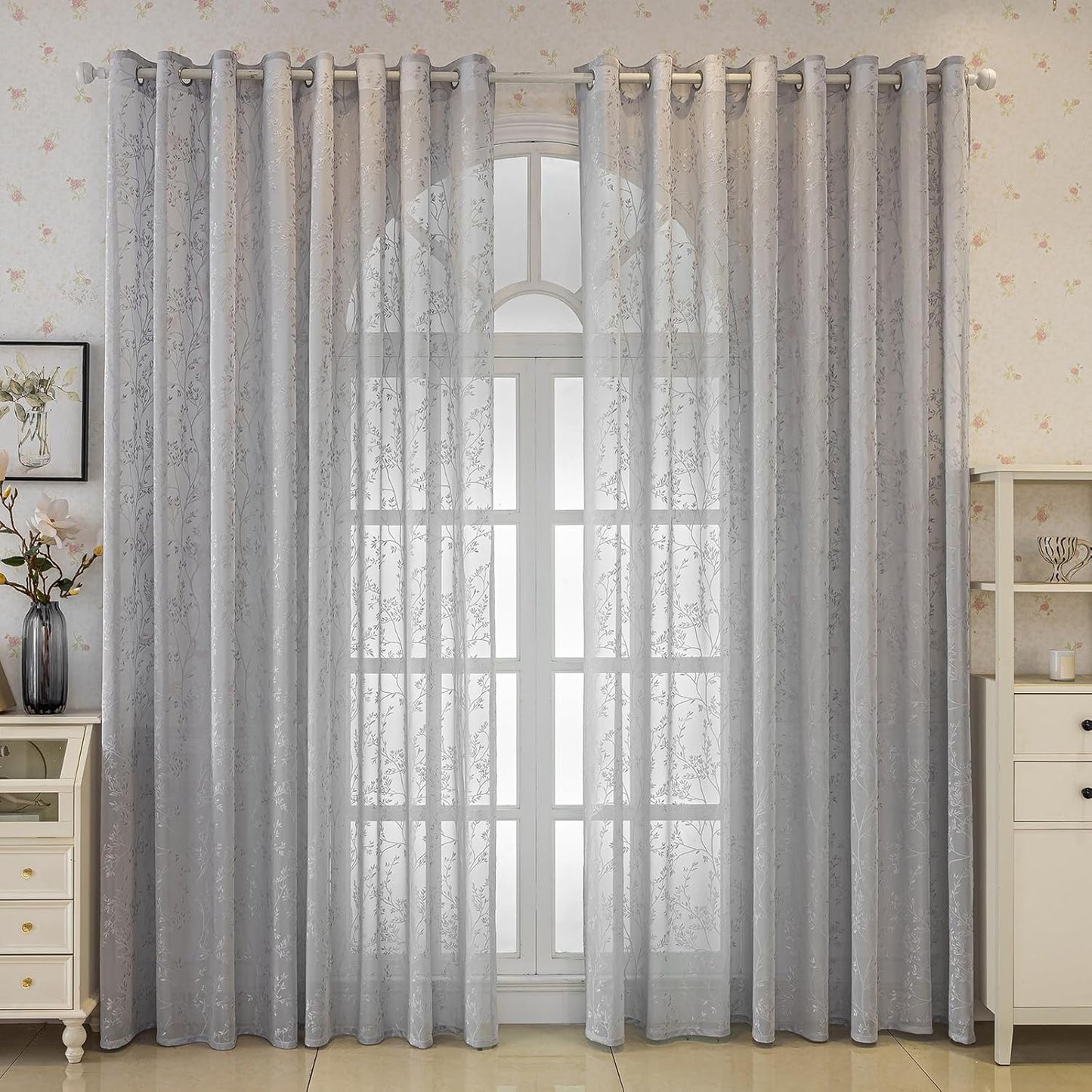 Grey Lace Sheer Curtains, Farmhouse Leaf Jacquard Grommet Window Curtain for Living Room/Bedroom, Voile Sheer Panel Drapes