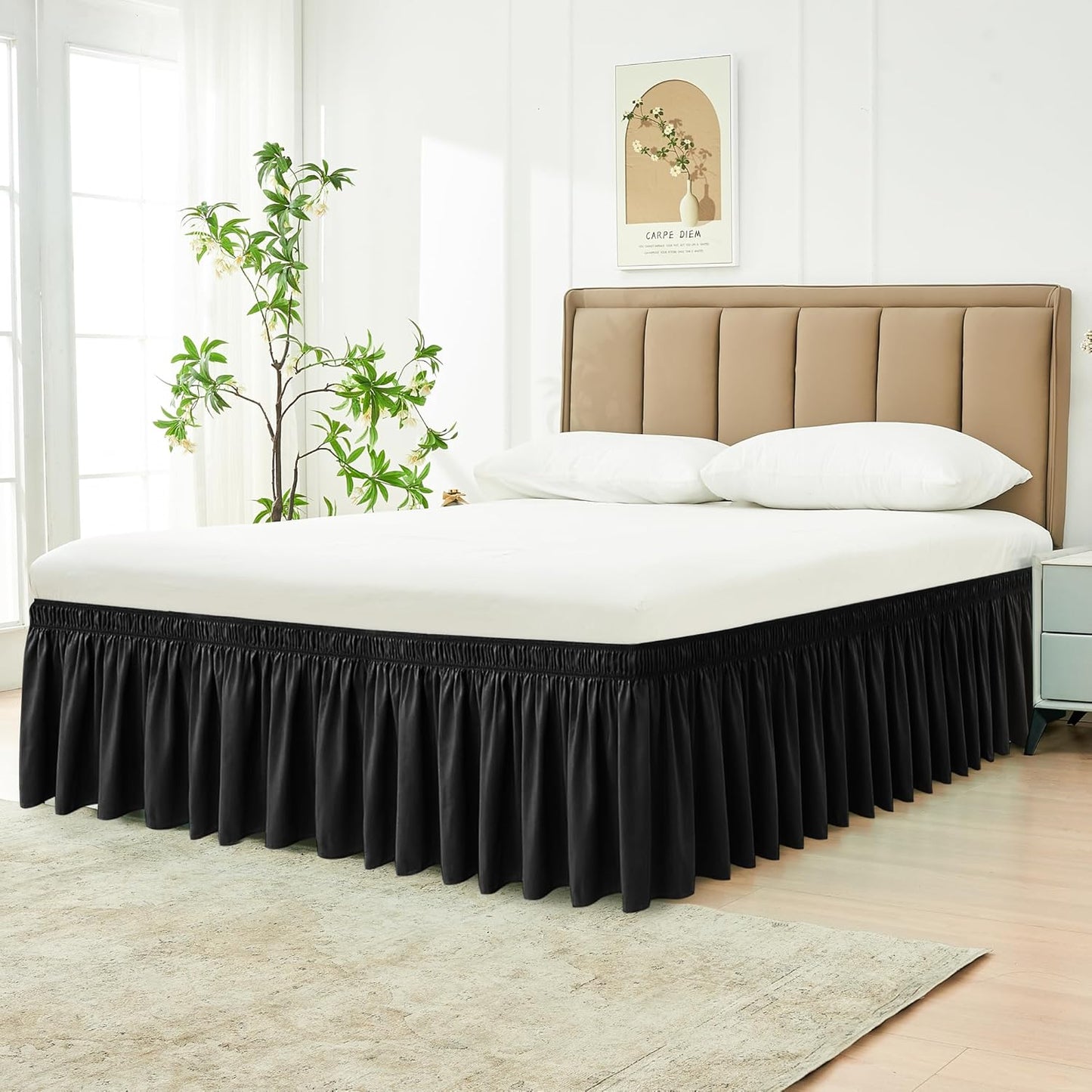 Wrap Around Bed Skirts  15" Drop, Aqua Adjustable Elastic Dust Ruffles Easy Fit Wrinkle & Fade Resistant  Machine Washable ,Black