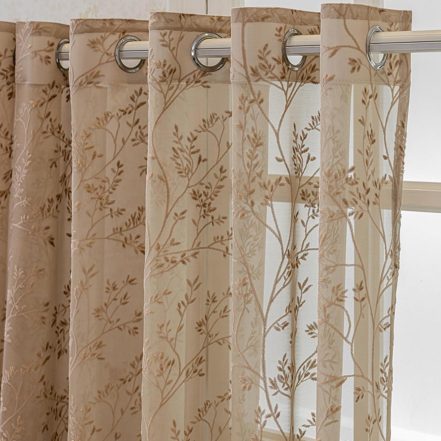 Coffee Lace Sheer Curtains, Farmhouse Leaf Jacquard Grommet Window Curtain for Living Room/Bedroom, Voile Sheer Panel Drapes