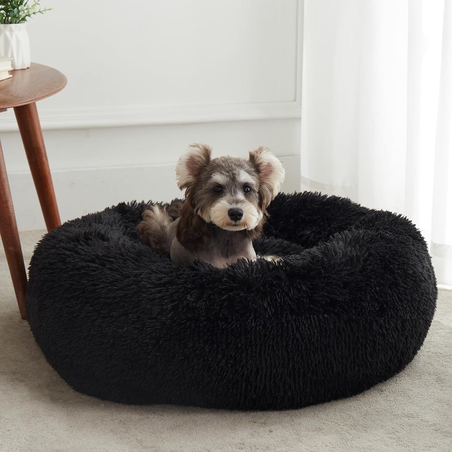 Anti Anxiety Round Fluffy Plush Faux Fur Warm Washable Dog Bed & Cat Bed, Original Bed for Small Medium Large Pets, Black