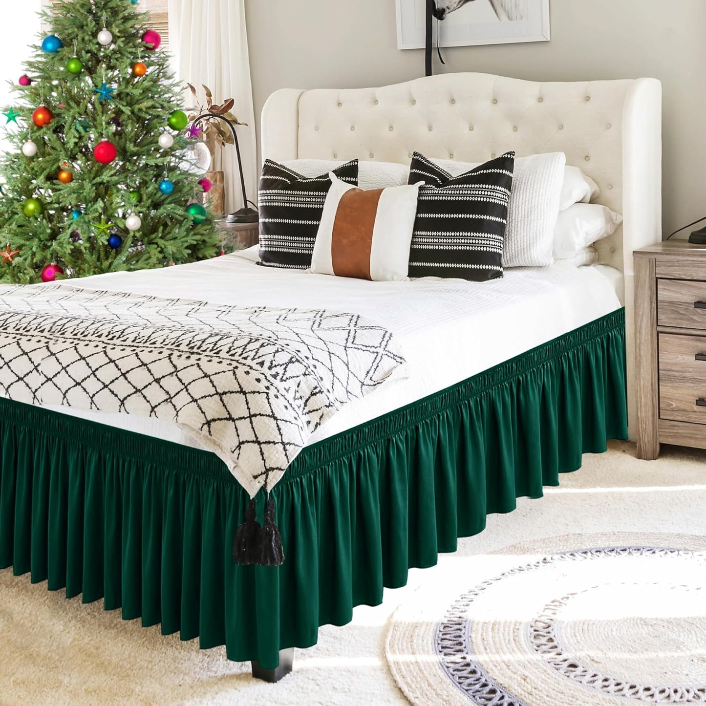 Wrap Around Bed Skirts  15" Drop, Aqua Adjustable Elastic Dust Ruffles Easy Fit Wrinkle & Fade Resistant  Machine Washable ,Dark Green