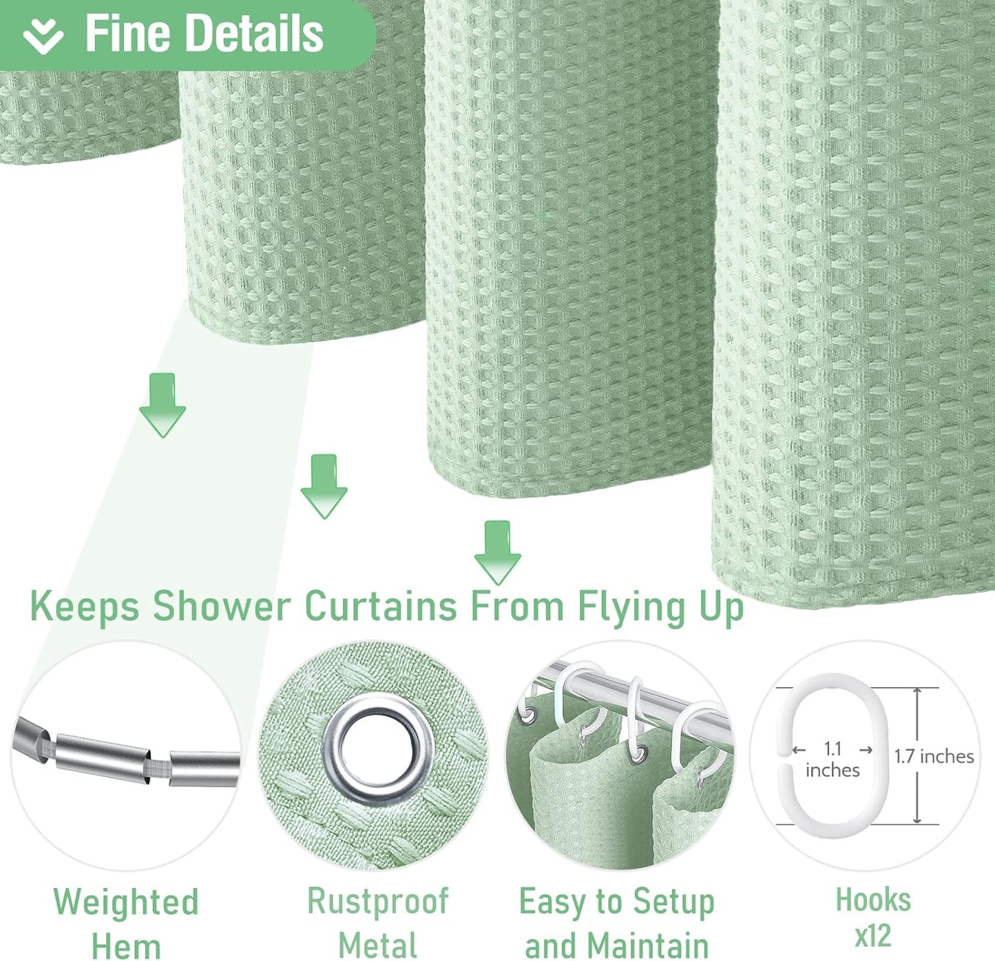 Fabric Shower Curtain - Waffle Weave Weighted Thick Cloth Shower Curtains for Bathroom, Hotel Spa Luxury Bath Curtain Set with 10 Hooks,Mint Green