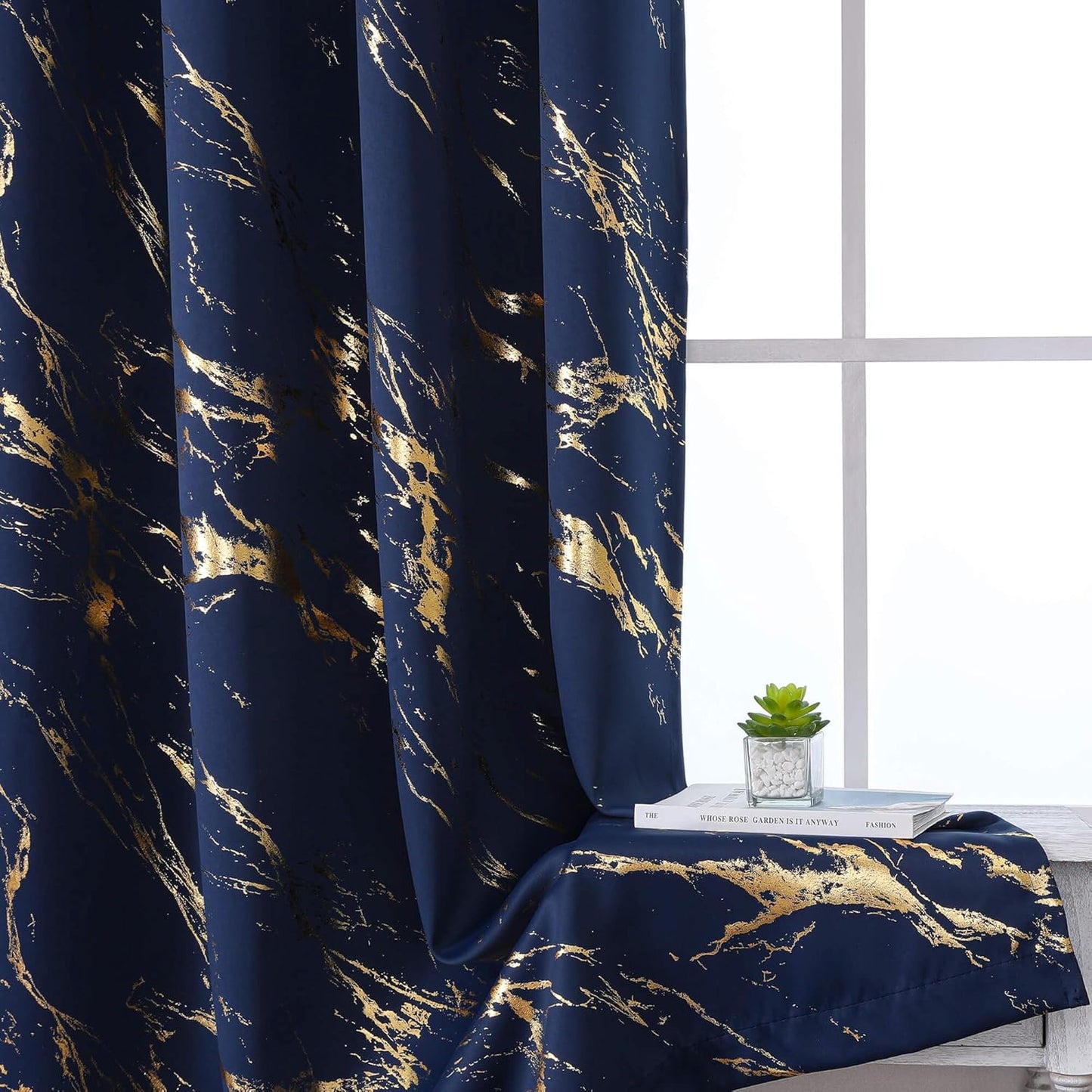 90% Blackout Curtains 2 Panels, Gold Marble Patterned Blackout Curtains Thermal Insulated Room Darkening Drapes for Living Room ,Navy