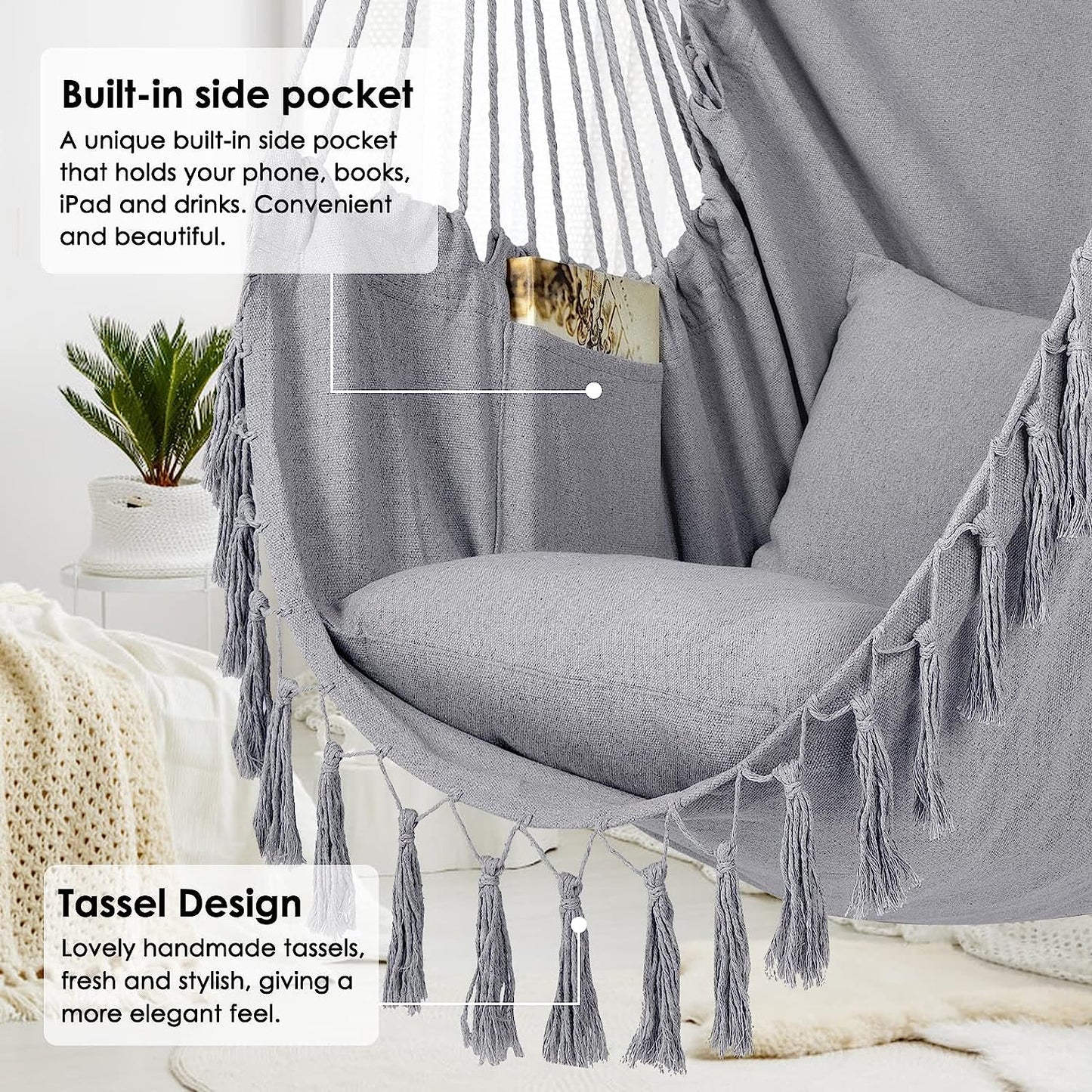 Hammock Chair Hanging Rope Swing, Large Hanging Chair with Pocket and tassels,Cushions for Superior Comfort, with Hardware Kit (Light Grey)