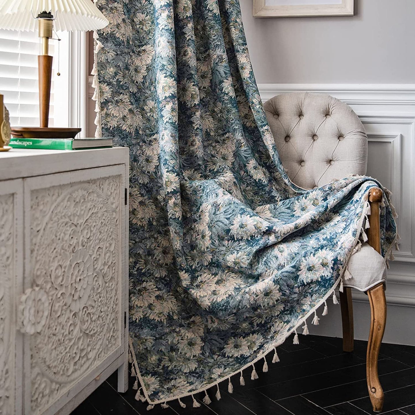 Blue flower oil painting style tassel semi shading through rod curtain room, living room, bedroom, 2 pieces