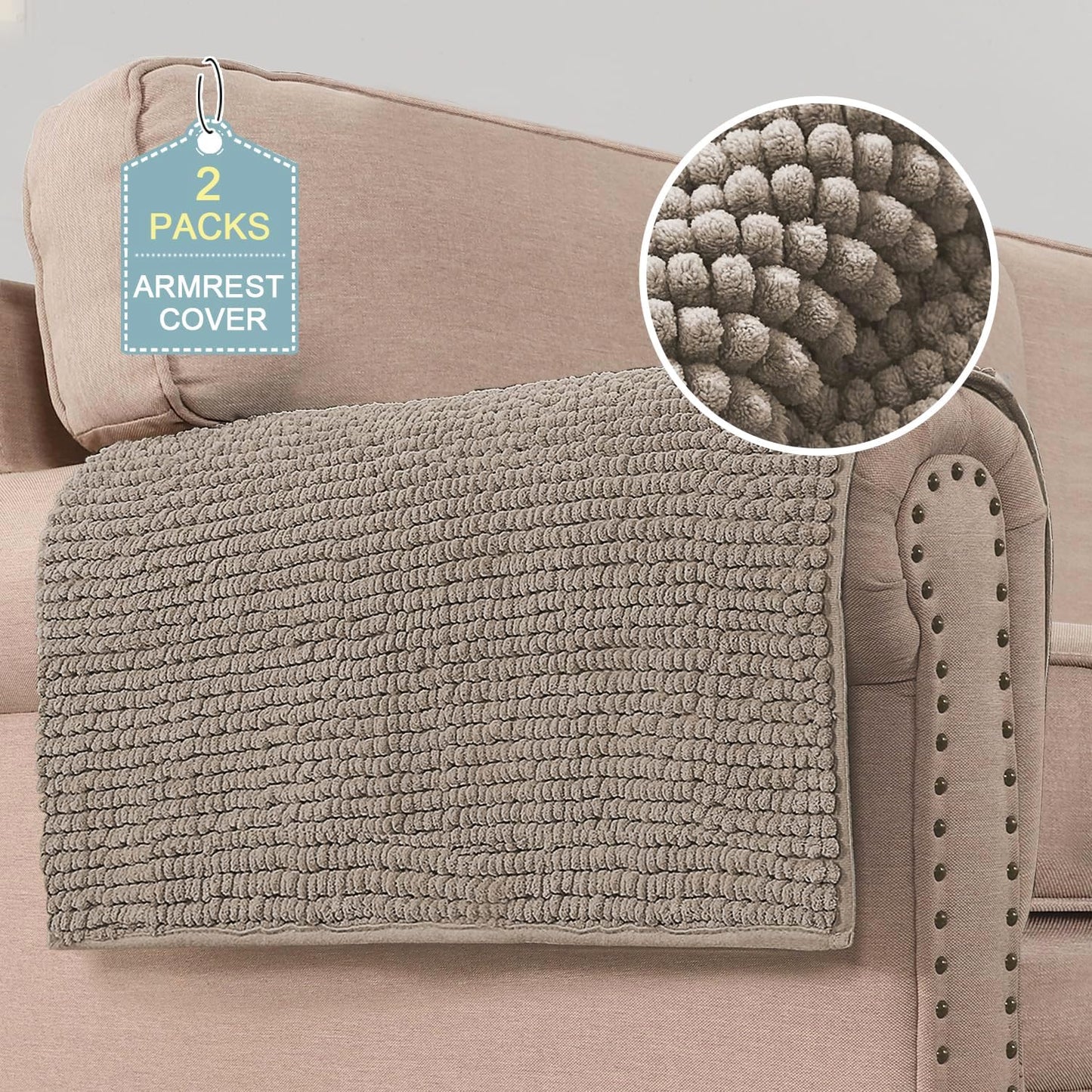 2 Packs Plush Chenille Couch Armrest Cover Thick and Soft Sofa Covers Water Resistant Furniture Protector Cover for Pets,Taupe