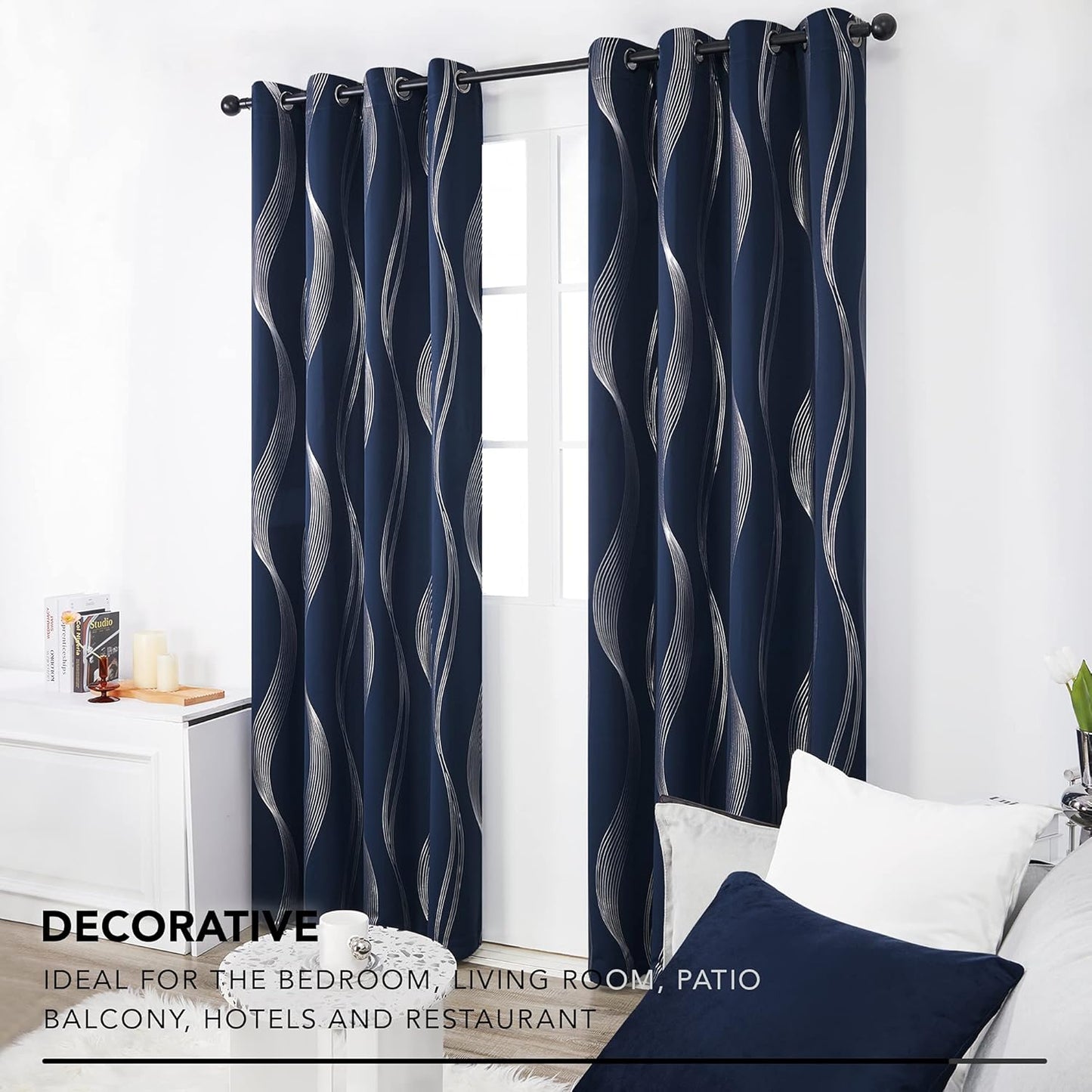 Silver Wave Print Blackout Curtains - Thermal Insulated & Noise‑Reducing Grommet Drapes for Bedroom & Living Room,  2 Panels ,Navy