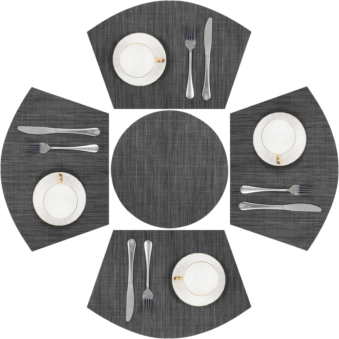 Round Table Placemats Set Wedge Shaped Place Mat with Centerpiece Round Mat Heat Resistant Table Mats Washable, Black Grey