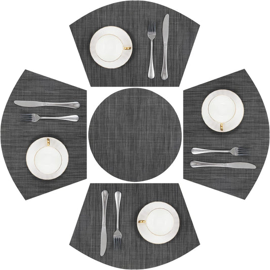 Round Table Placemats Set Wedge Shaped Place Mat with Centerpiece Round Mat Heat Resistant Table Mats Washable, Black Grey