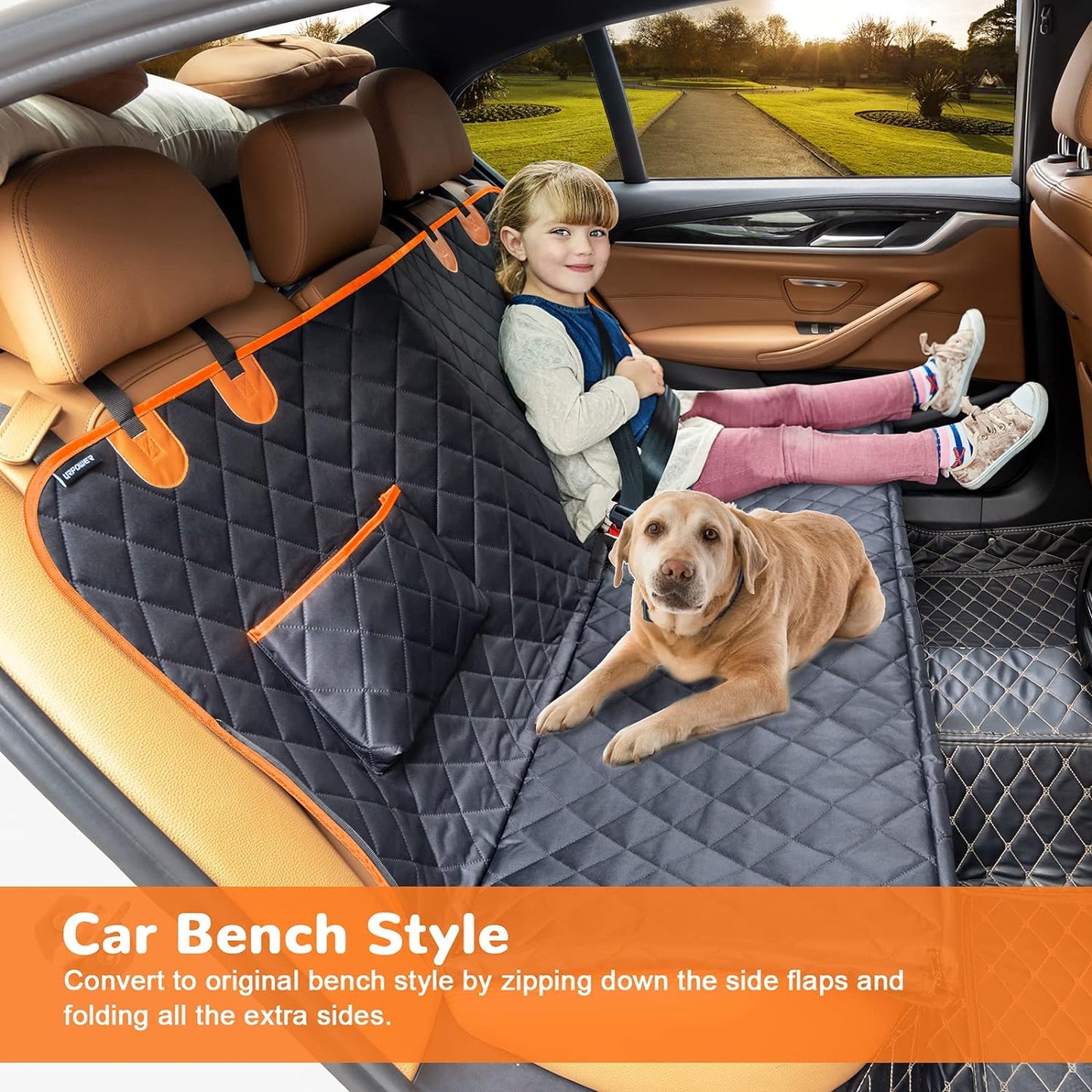 Back Seat Extender for Dogs, Waterproof Dog Car Seat Cover, Sturdy Pets Backseat Protector Full surround and Storage Pocket for Car SUV Truck,Orange