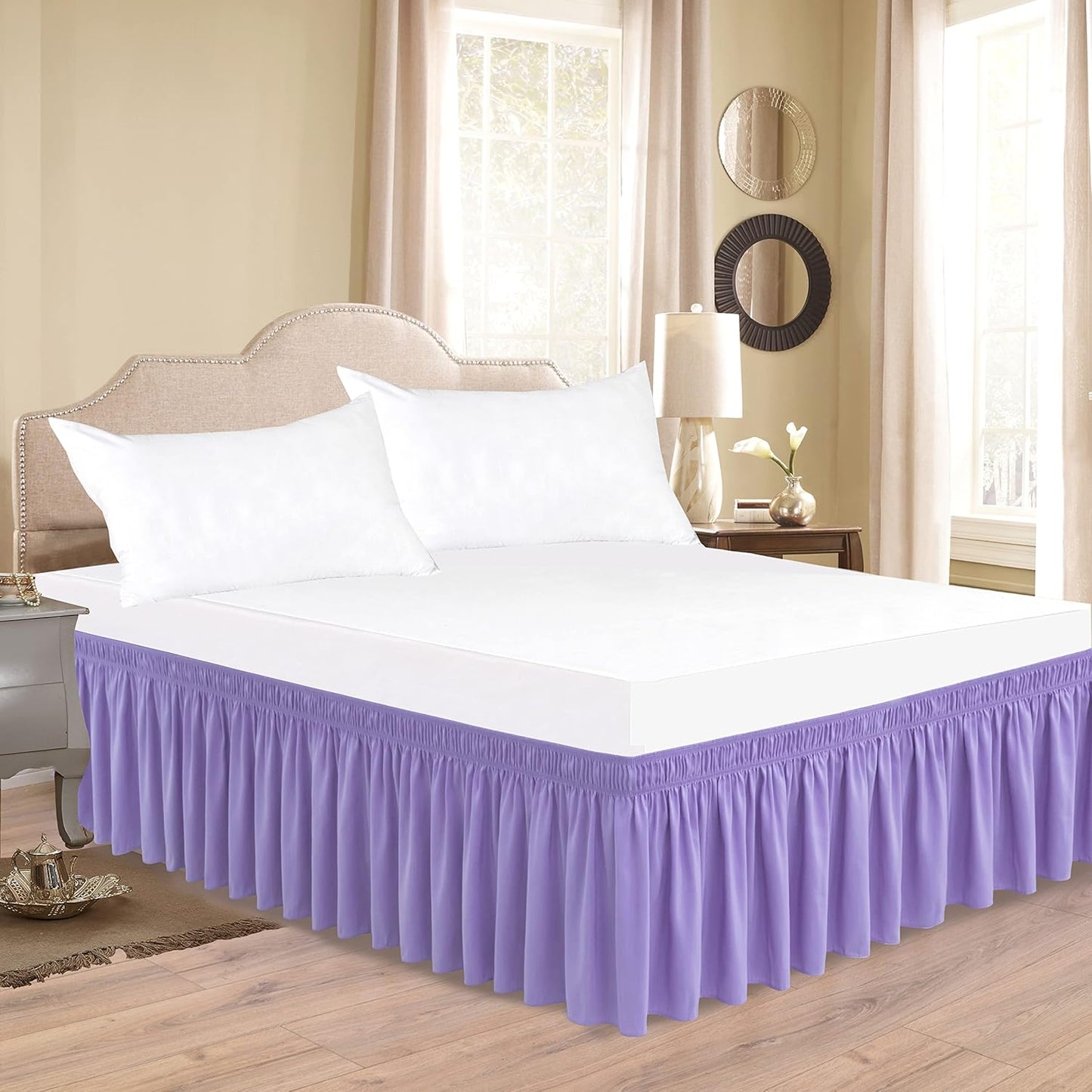 Wrap Around Bed Skirts  15" Drop, Aqua Adjustable Elastic Dust Ruffles Easy Fit Wrinkle & Fade Resistant  Machine Washable ,Lavender