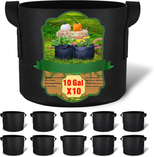 10-Pack 10 Gallon Grow Bags, Aeration Fabric Pots with Handles, Heavy Duty Cloth Pots for Plants