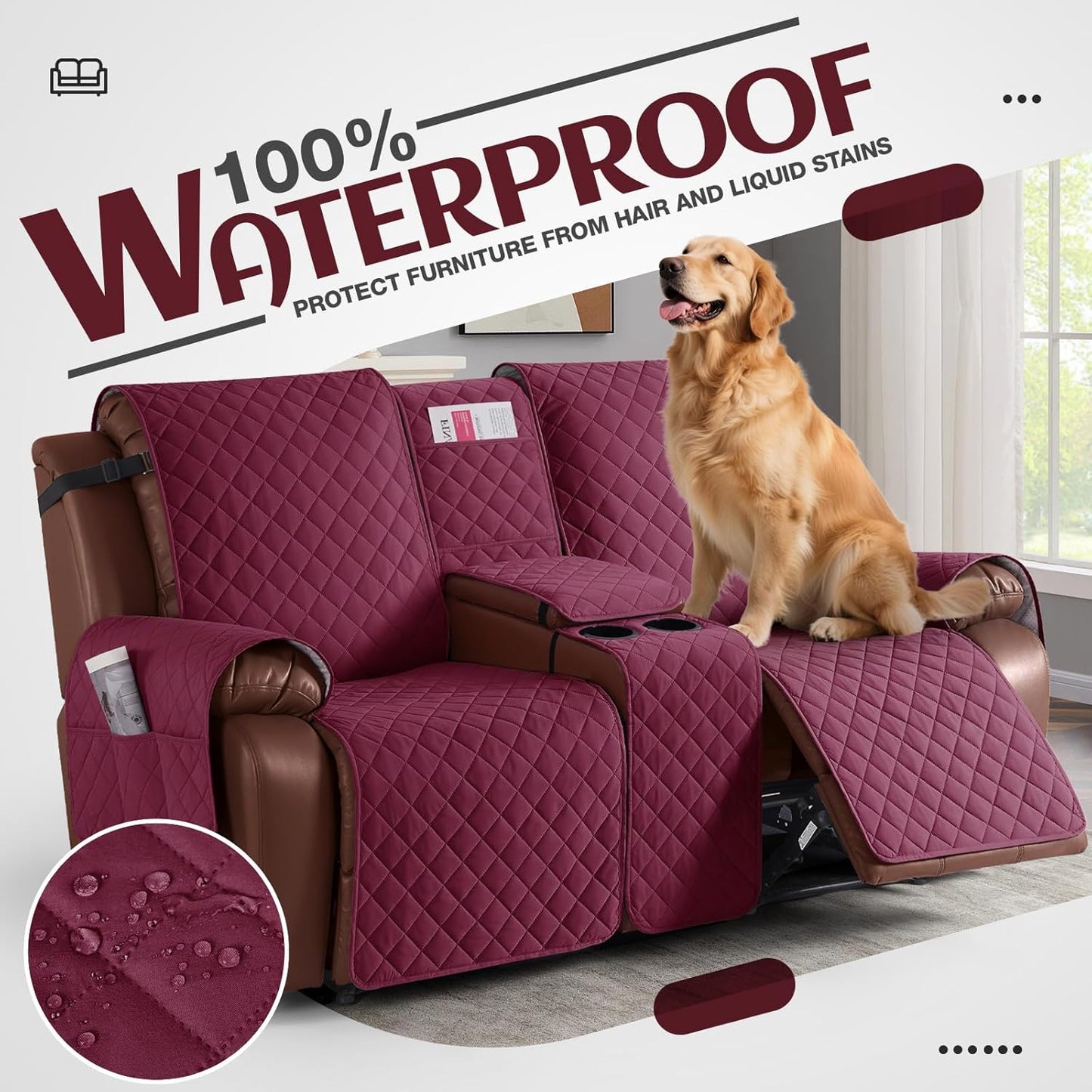 100%Waterproof  with Console, Non-Slip Reclining Couch Covers for 2 Seat, Recliner Sofa Cover Furniture Protector with Elastic Straps for Kids, Pets,Burgundy