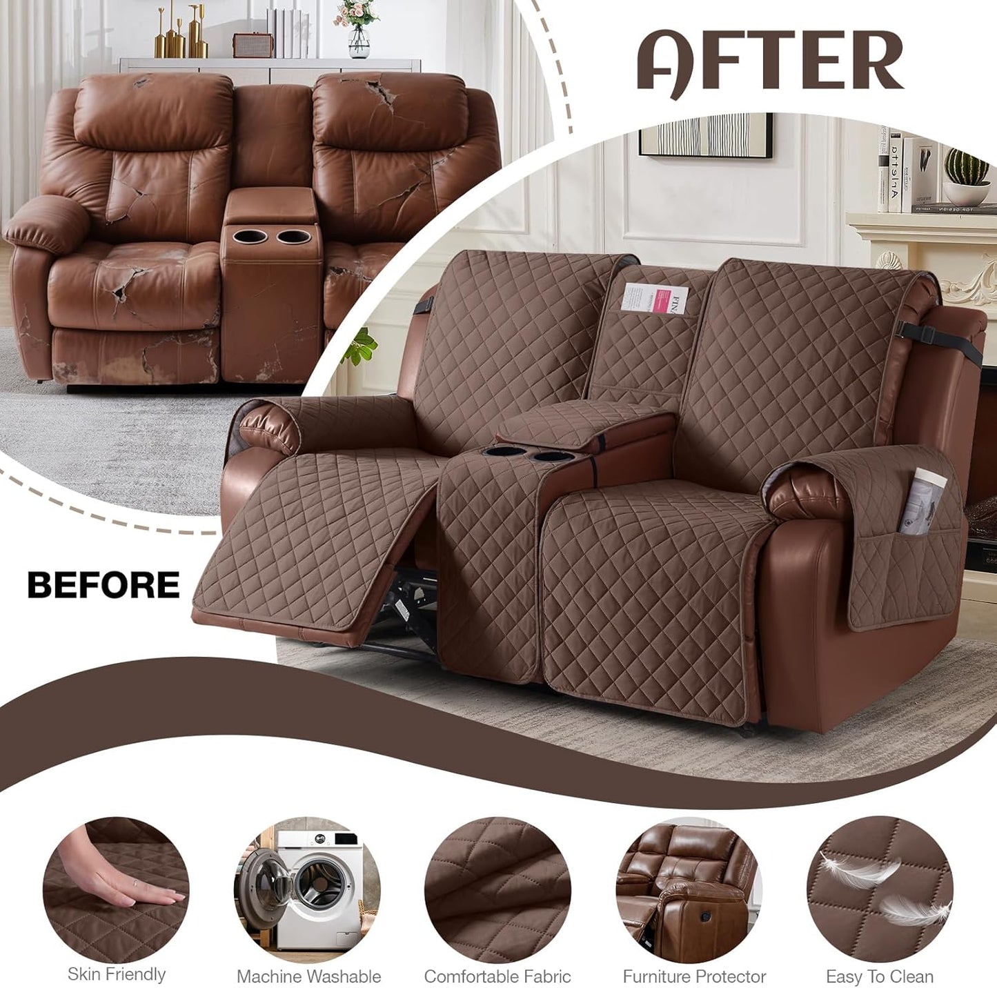100%Waterproof  with Console, Non-Slip Reclining Couch Covers for 2 Seat, Recliner Sofa Cover Furniture Protector with Elastic Straps for Kids, Pets,Coffee