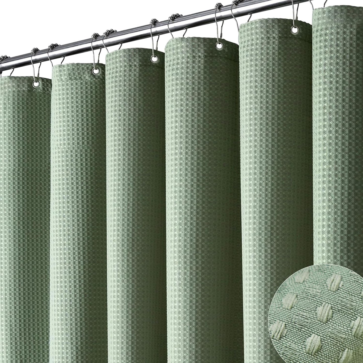 Fabric Shower Curtain - Waffle Weave Weighted Thick Cloth Shower Curtains for Bathroom, Hotel Spa Luxury Bath Curtain Set with 10 Hooks,Sage