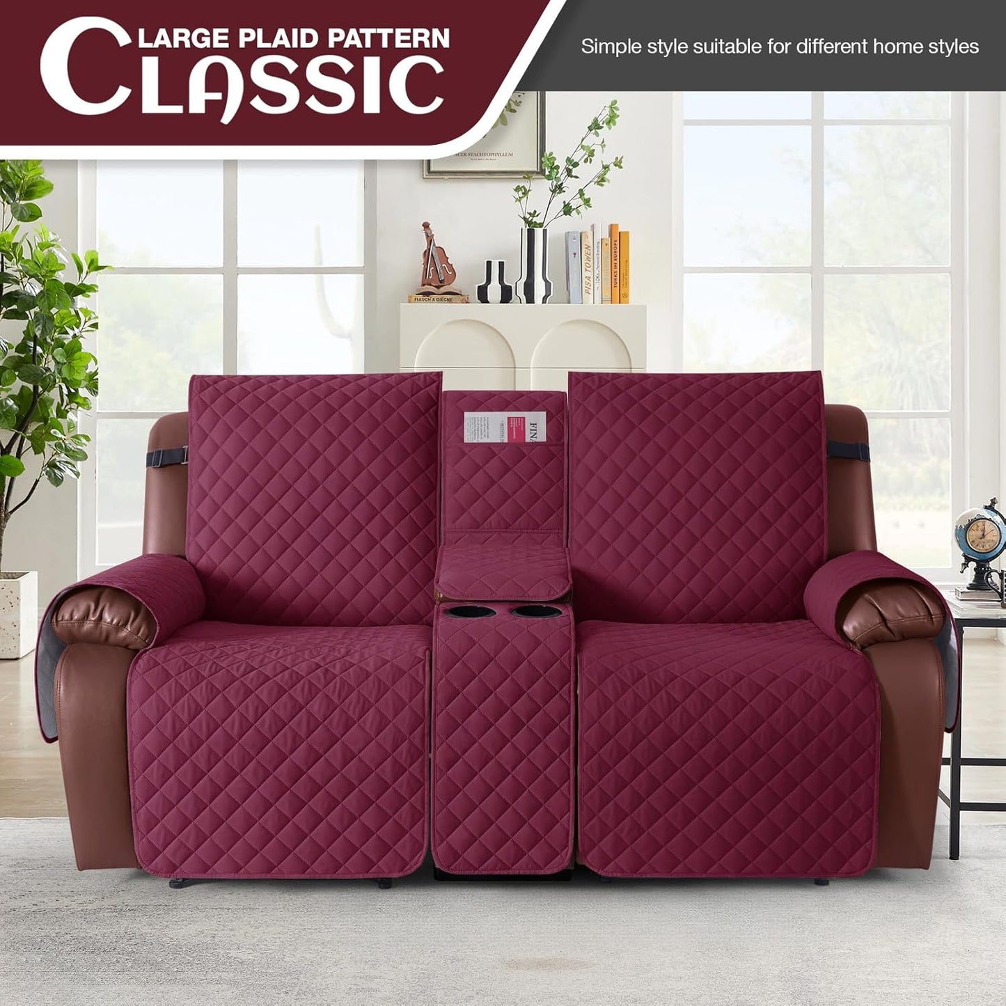100%Waterproof  with Console, Non-Slip Reclining Couch Covers for 2 Seat, Recliner Sofa Cover Furniture Protector with Elastic Straps for Kids, Pets,Burgundy