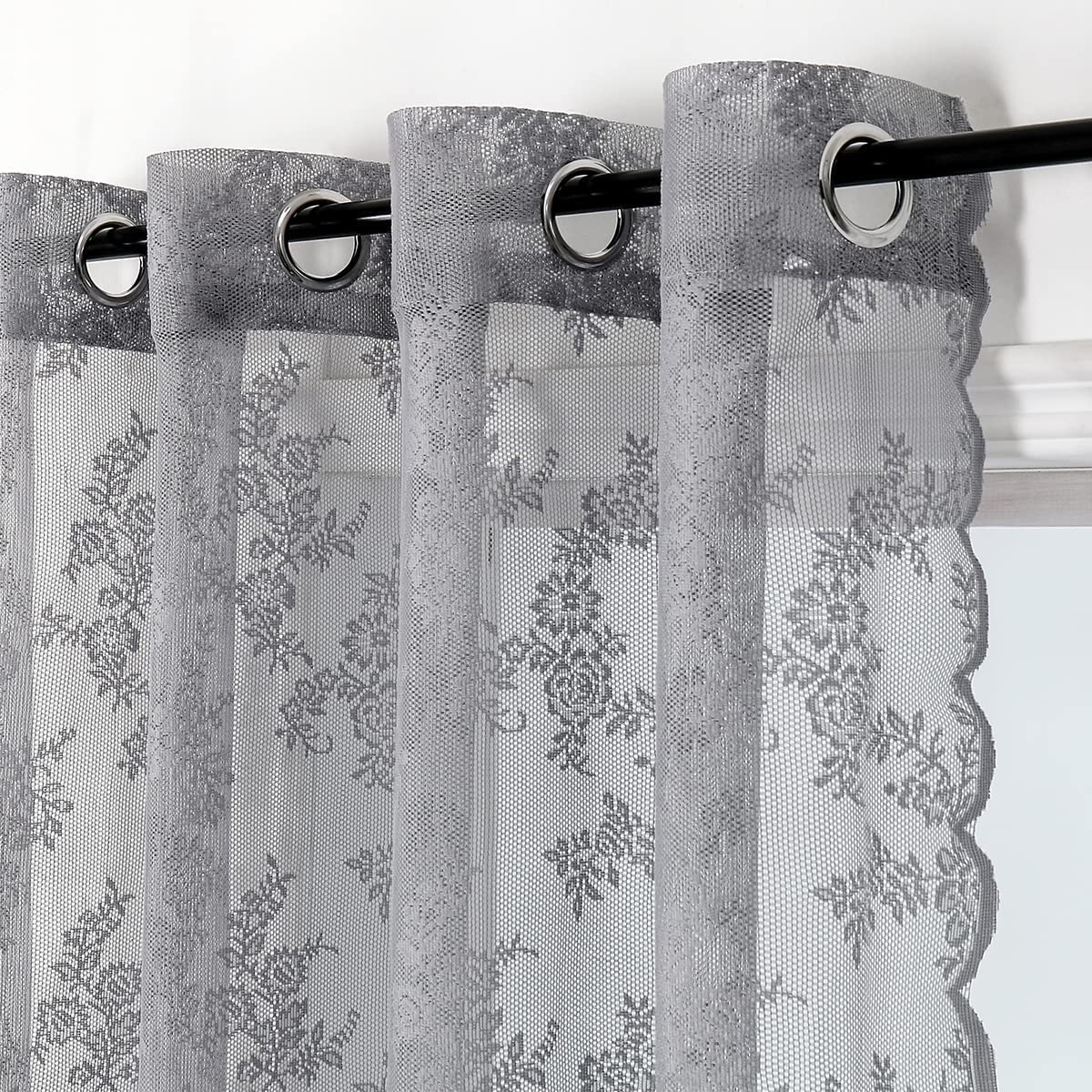 Grey Lace Sheer Curtains for Bedroom Farmhouse French Floral Rose Lace Curtain Panels Durable Flower Embeoidered Window Treatment Drapes for Living Room Christmas Holiday, Set of 2