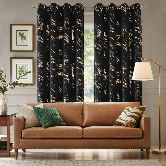 90% Blackout Curtains 2 Panels, Gold Marble Patterned Blackout Curtains Thermal Insulated Room Darkening Drapes for Living Room ,Black