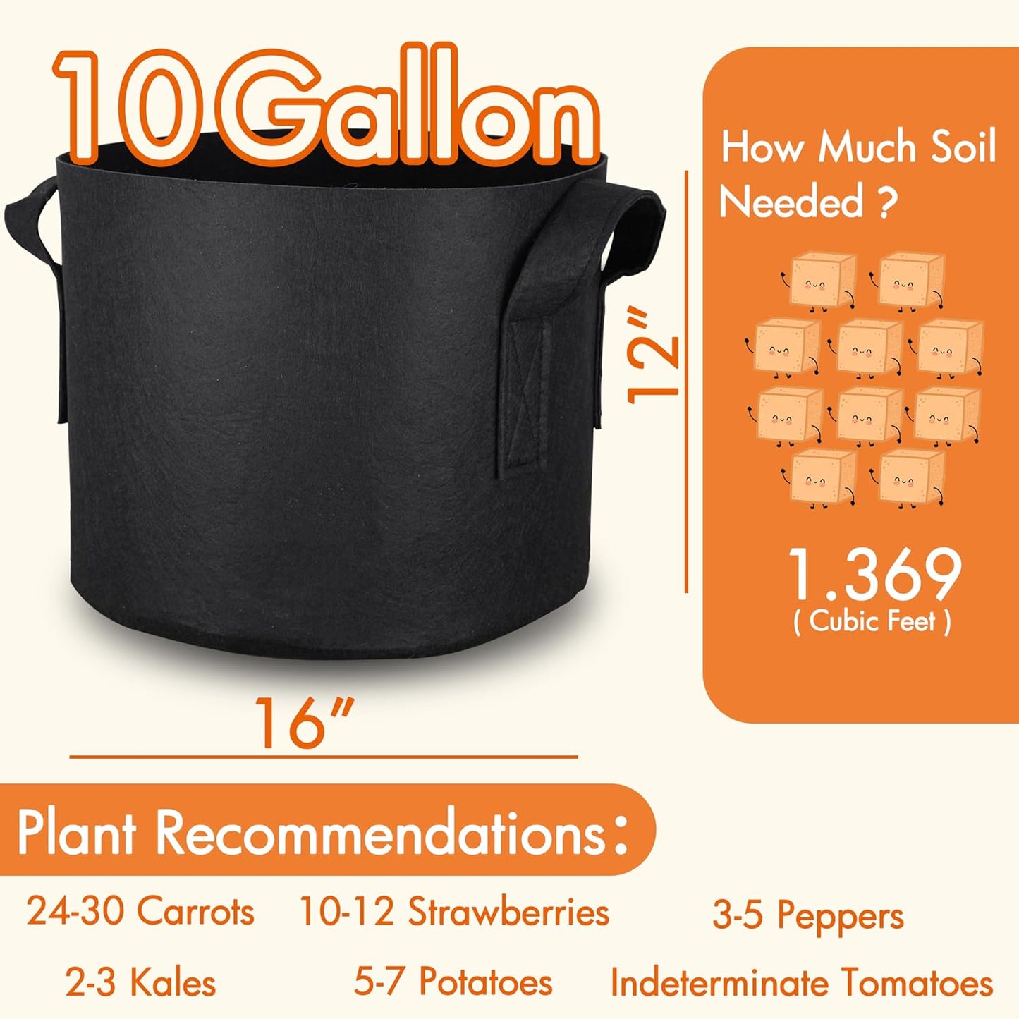 10-Pack 10 Gallon Grow Bags, Aeration Fabric Pots with Handles, Heavy Duty Cloth Pots for Plants