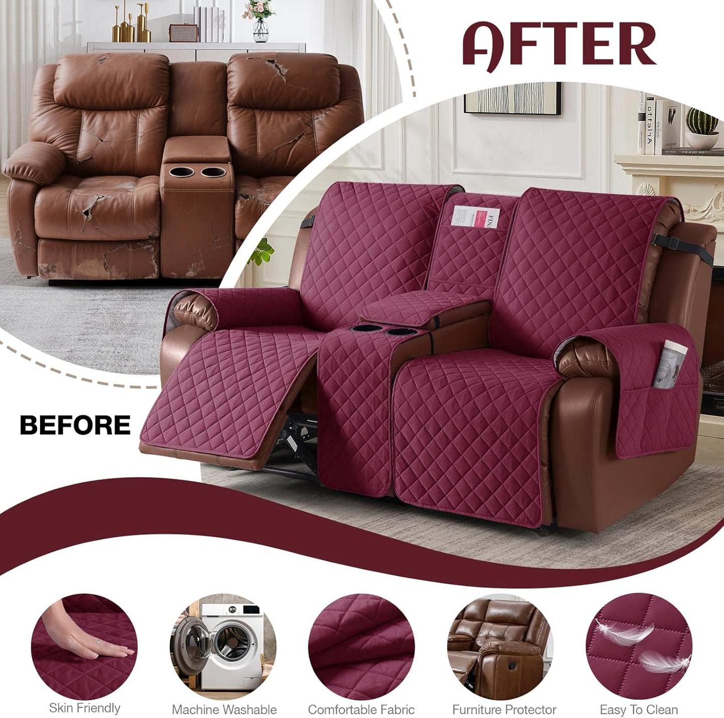 100%Waterproof  with Console, Non-Slip Reclining Couch Covers for 2 Seat, Recliner Sofa Cover Furniture Protector with Elastic Straps for Kids, Pets,Burgundy