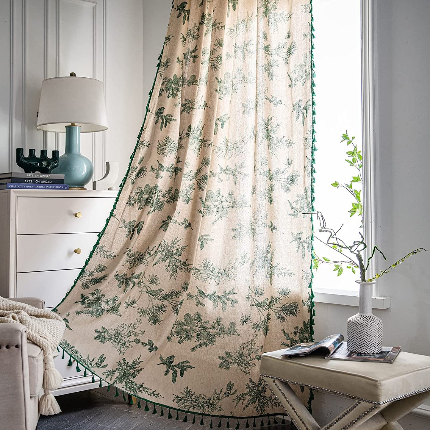 Bohemian style tassel green pine nut semi shading through rod curtain room, living room, bedroom, 2 pieces