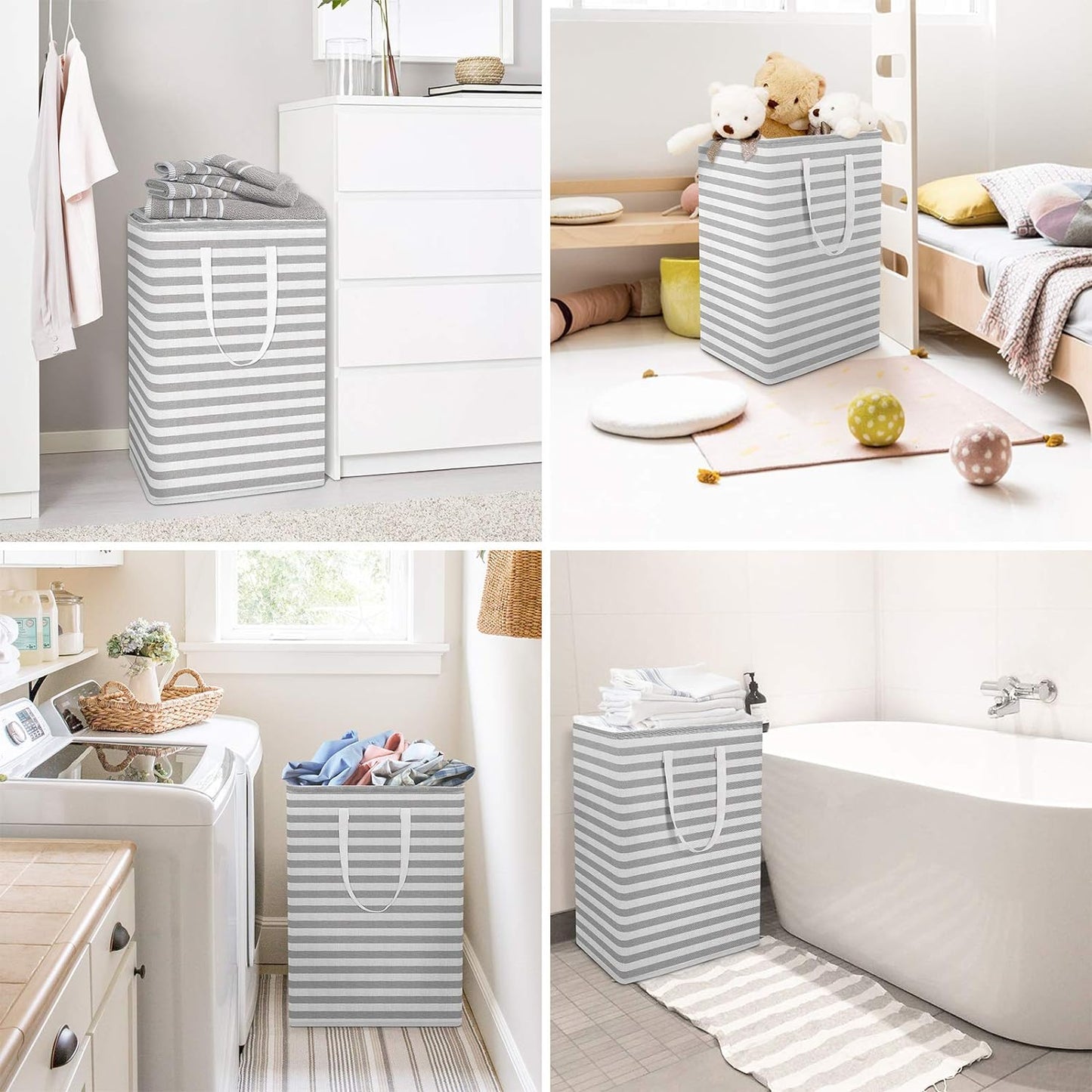 2-Pack Large Laundry Basket, Waterproof, Freestanding Laundry Hamper, Collapsible Tall Clothes Hamper with Extended Handles for Clothes Toys (Stripe)