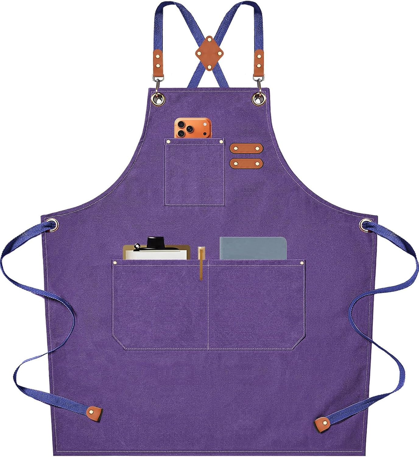 Chef Aprons for Men Women with Oversized Pockets,Cotton Canvas Cross Back Heavy Duty Work Apron,Purple