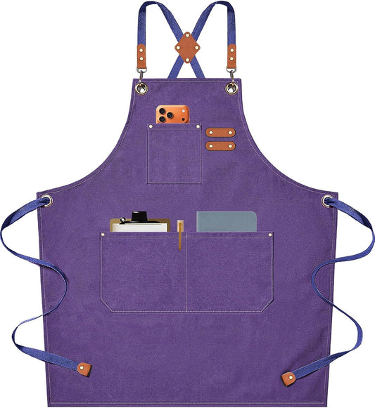 Chef Aprons for Men Women with Oversized Pockets,Cotton Canvas Cross Back Heavy Duty Work Apron,Purple