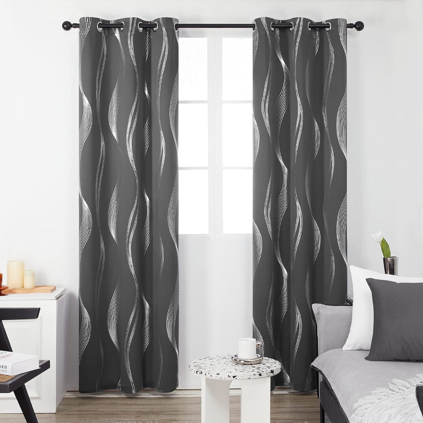 Silver Wave Print Blackout Curtains - Thermal Insulated & Noise‑Reducing Grommet Drapes for Bedroom & Living Room,  2 Panels ,Grey