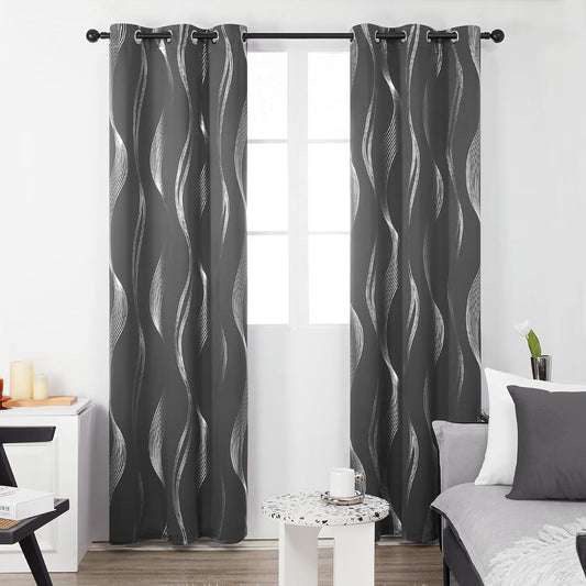 Silver Wave Print Blackout Curtains - Thermal Insulated & Noise‑Reducing Grommet Drapes for Bedroom & Living Room,  2 Panels ,Grey