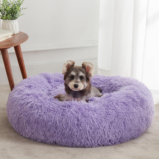 Anti Anxiety Round Fluffy Plush Faux Fur Warm Washable Dog Bed & Cat Bed, Original Bed for Small Medium Large Pets,Purple