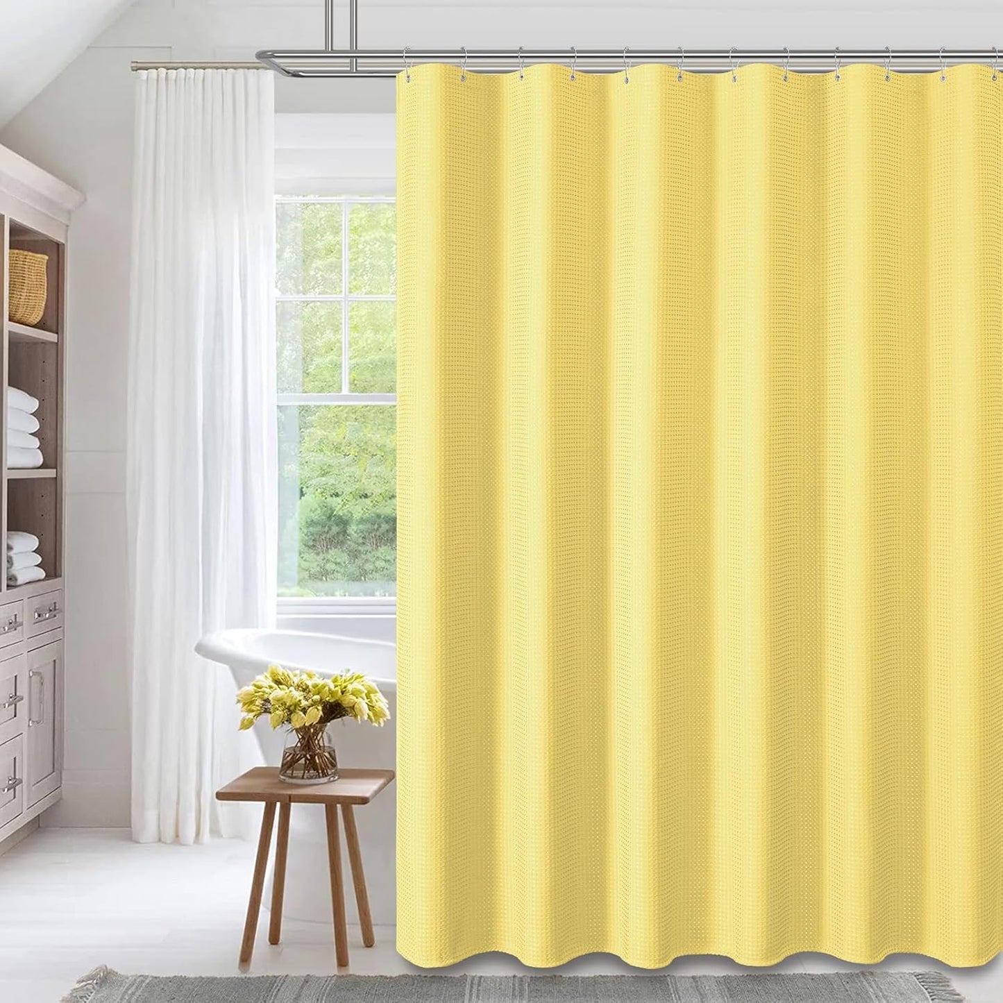 Fabric Shower Curtain - Waffle Weave Weighted Thick Cloth Shower Curtains for Bathroom, Hotel Spa Luxury Bath Curtain Set with 10 Hooks,Yellow