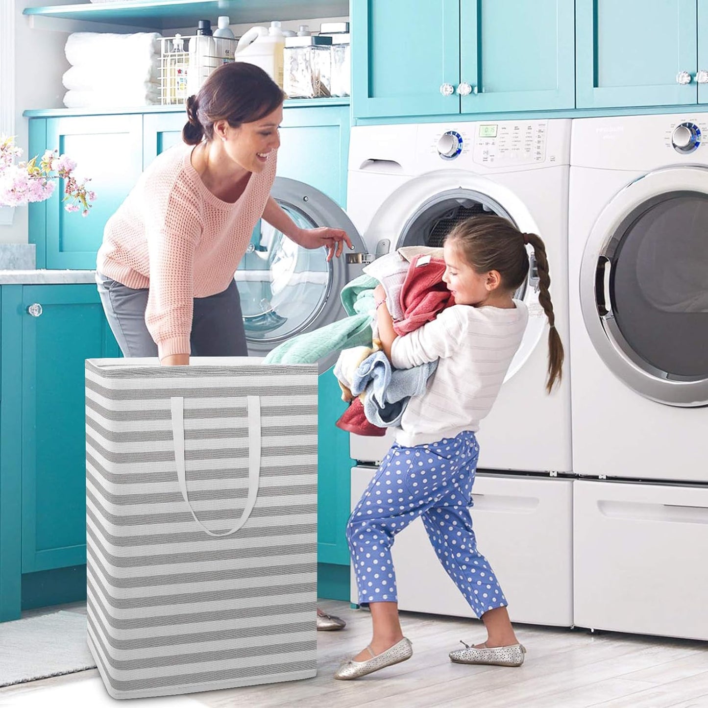 2-Pack Large Laundry Basket, Waterproof, Freestanding Laundry Hamper, Collapsible Tall Clothes Hamper with Extended Handles for Clothes Toys (Stripe)