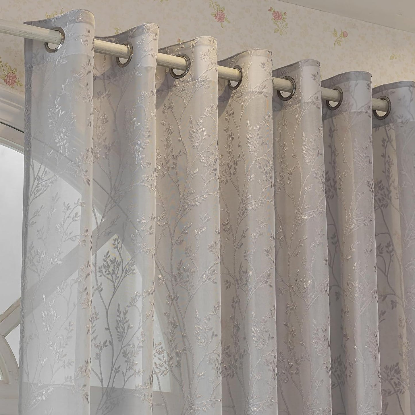 Grey Lace Sheer Curtains, Farmhouse Leaf Jacquard Grommet Window Curtain for Living Room/Bedroom, Voile Sheer Panel Drapes